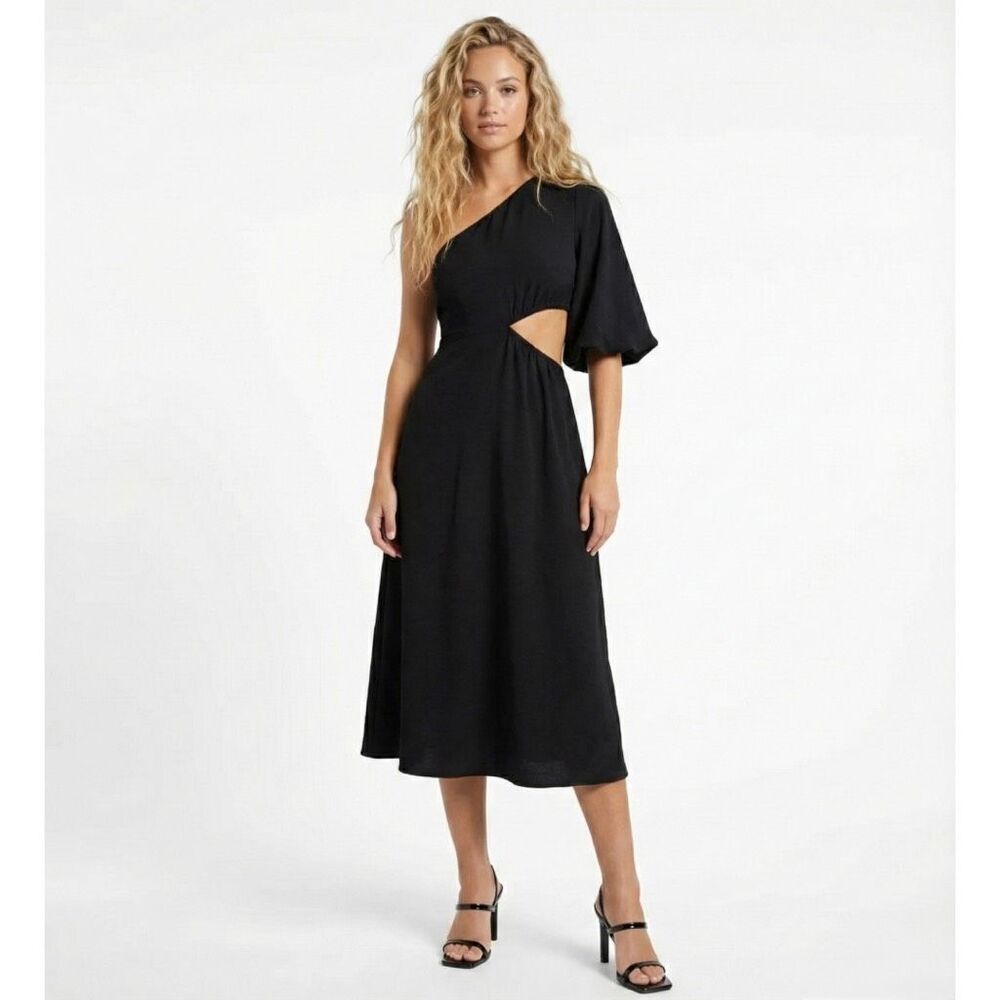 Crescent Lainey Black One Shoulder Cutout Midi Dress Linen Blend Large